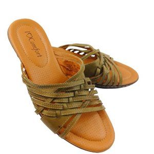 Women's I Love Comfort Strappy Leather Block Wedge Mule Green Sandals Size 7M